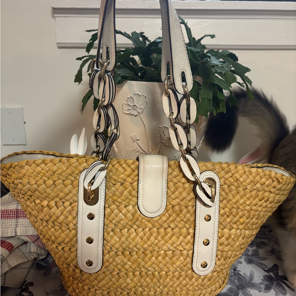 Michael Kors Stylish Tan And White Woven Tote Bag